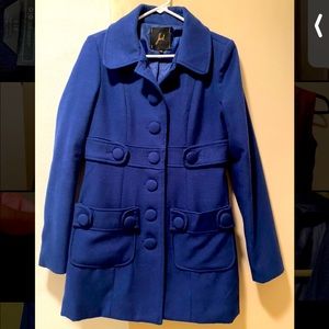 Bright blue pea coat.
